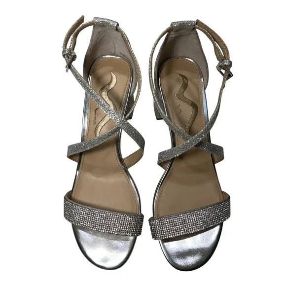Nina Women's Silver Glitter Block Heel Sandals Sparkle Ankle Strap Shoes 7W - Picture 2 of 6